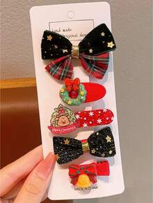 5pcs Kids Cute Cartoon Bowknot Side Clip Hair Accessories, Fashionable Hairpin For Christmas Party, Girls