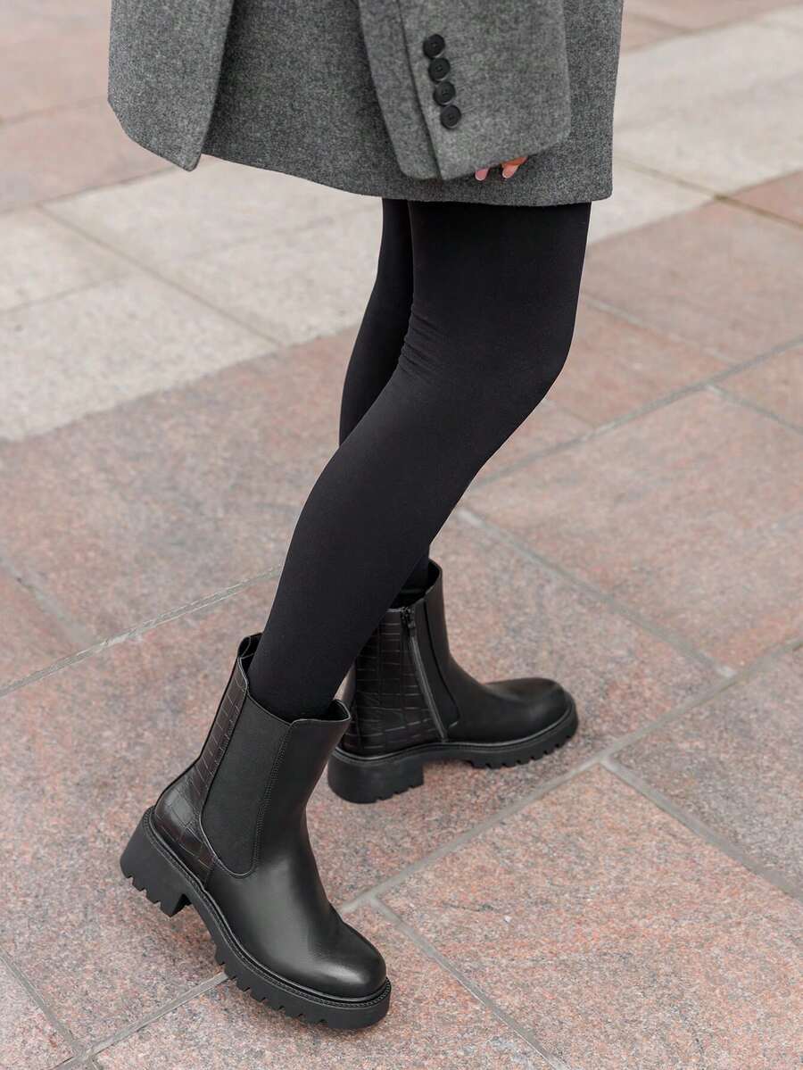 Bottines femme en simili cuir avec effet croco – Talon bloc confortable - الأسود - مشاهدة 1