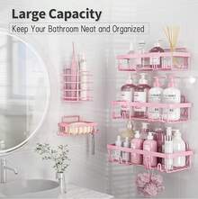 Pink Bathroom Accessories 5-Pack Rust-Proof And Waterproof Shower Rack, No Drilling Required, Stick-On Storage Rack With Toothbrush And Soap Holder, Large-Capacity Storage Rack