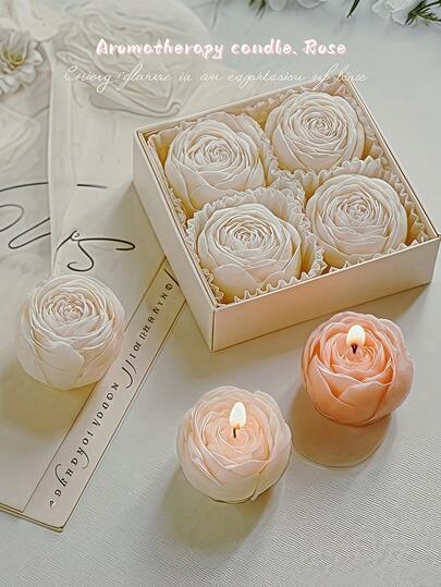4pcs/Box Rose Flower Scented Candles Handmade Soy Wax Scented Candles, Suitable For Valentine's Day, Thanksgiving, Christmas, Home Decoration, Party Gatherings, Table Decoration, Holiday Gifts, Dinner, Banquet/Party, Relaxation/Meditation, Atmosphere Lighting, Female Gifts, Valentine's Day Gifts