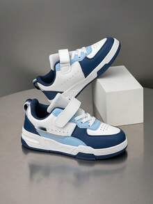 1 Pair Kids Mid-Top Sneakers, PU Leather, Indoor/Outdoor Casual Running Shoes, Easy Slip-On, Non-Slip, Breathable, Comfortable, Fashion, Retro Style, Color Blocking - Blue - View 4