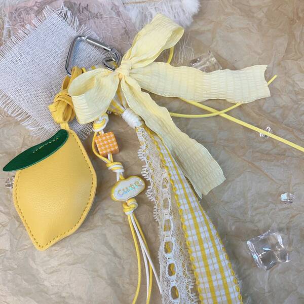 Pendentif citron jaune, chaîne de sac à ruban doux, porte-clés de voiture, étui pour téléphone, écouteurs, accessoires décoratifs, style Ins