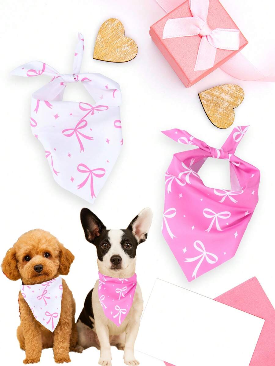 2pcs/Set Pet Pink Triangle Bib,Pink Bow Pattern Pet Bandana,Dog/Cat Drool Scarf, Pet Accessories,Cats Dogs Holiday Decorative Costume