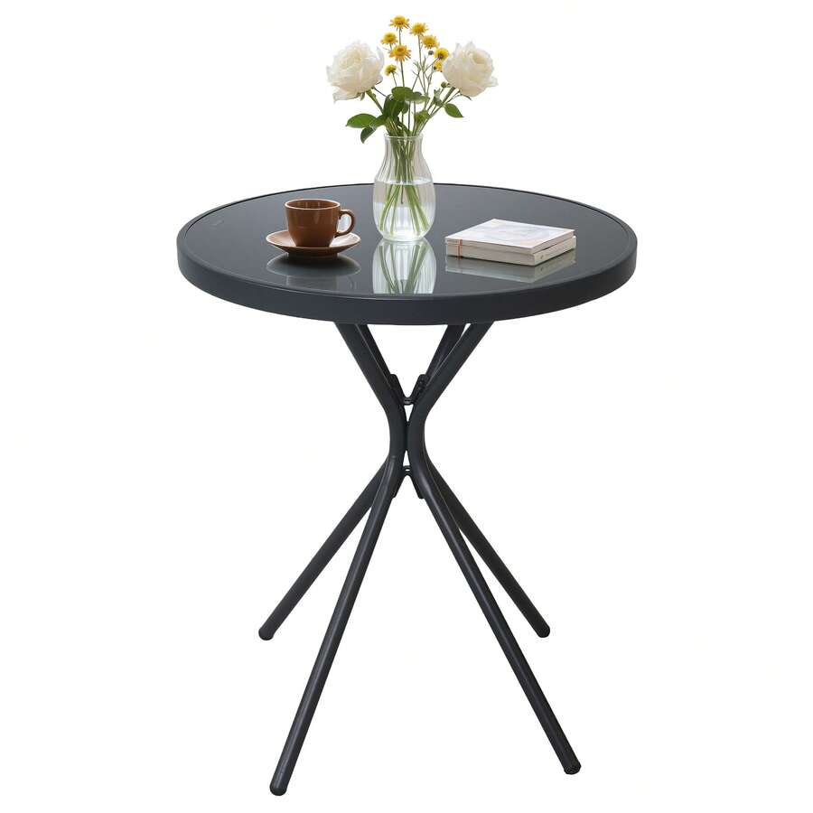 Outdoor Round Coffee Side Table, Versatile Patio Metal Bistro, End, Or Accent Table With Tempered Glass Top, Small Outdoor Furniture... - màu đen - Xem 1