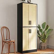 Tall Kitchen Pantry Storage Cabinet, Freestanding Storage Cabinet With 2 Rattan Doors And Adjustable Shelves Autonomous Sideboard  Accent Cabinet For Home Decor,Kitchen, Dining Room, Bathroom - Black03 - View 6