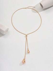 1pc Women's Elegant Y-Shaped Necklace, Fashion Teardrop Pendant Box Chain With Tassel, Long Necklace Accessory - 金色 - 查看 3