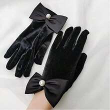 1 đôi găng tay cô dâu ngắn màu đen bằng nhung dành cho nữ, thích hợp cho đám cưới, tiệc tùng, biểu diễn, tiệc trưởng thành, găng tay trang trí nơ và ngọc trai giả kiểu cổ điển thanh lịch, găng tay trang phục ngày lễ tình nhân. - màu đen - Xem 2