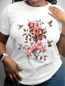 Women'S Casual Black T-Shirt With Colorful Bird & Floral Design - Short Sleeve, Round Neck, All-Season Top, Allseason Top Playful Print Casual Style