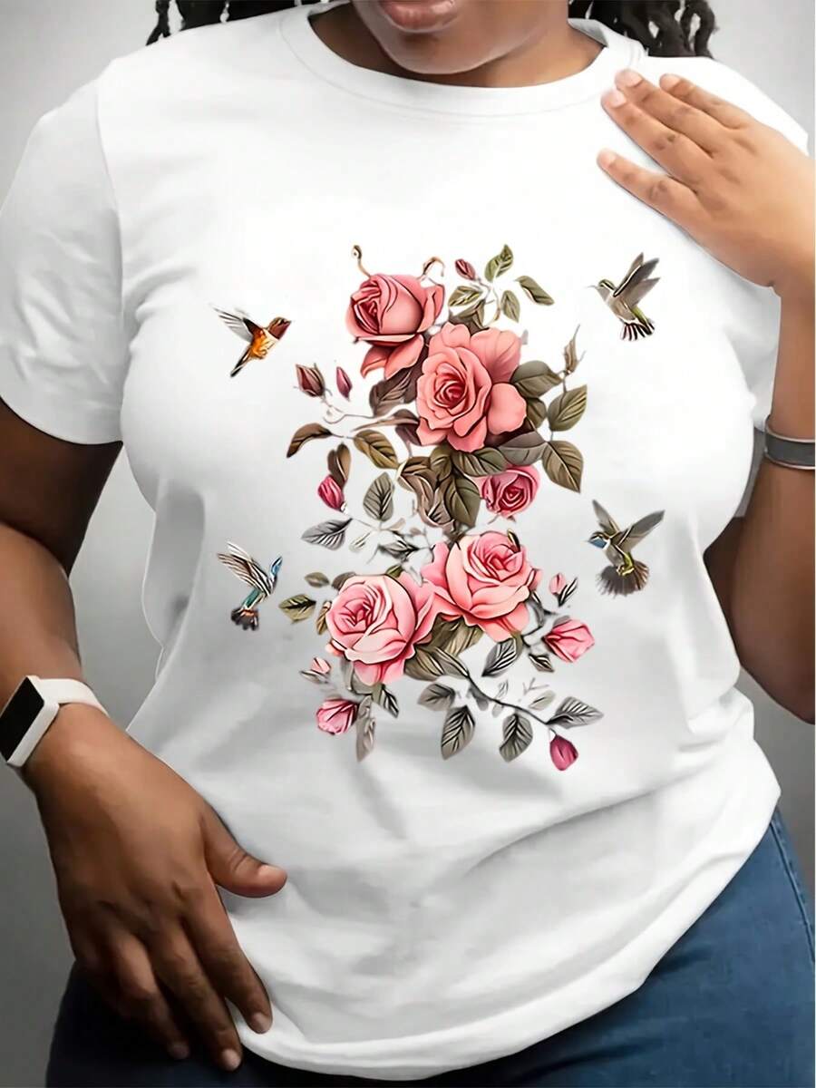 Women'S Casual Black T-Shirt With Colorful Bird & Floral Design - Short Sleeve, Round Neck, All-Season Top, Allseason Top Playful Print Casual Style