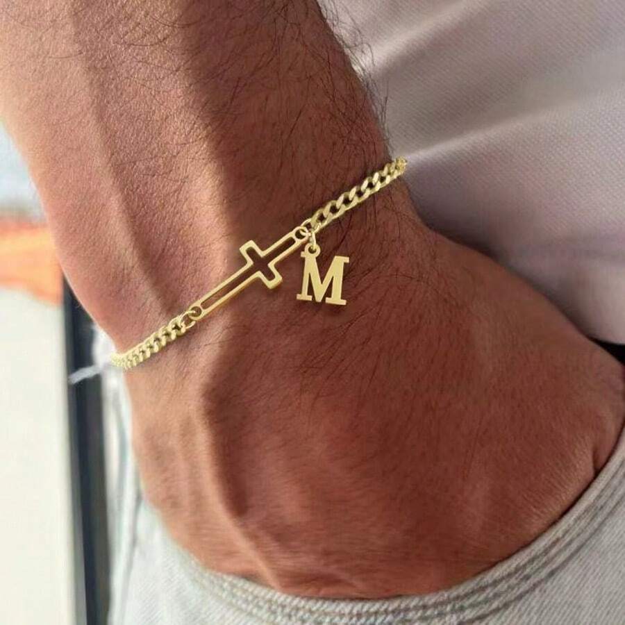 1pc Fashionable Cross & Letter Stainless Steel Gold Cuban Link Chain Bracelet For Men - Yellow Gold - View 1