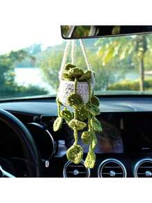 Accesorios colgantes para espejo de coche con estilo bohemio lindo, adorno de ganchillo de plantas artificiales, cesta colgante de plantas para espejo retrovisor, amuleto interior de coche, regalos de Navidad lindos para hombres y mujeres