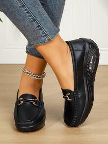 Women's Black Casual Wedges. Platform Loafers With Hand Stitched Upper And Metal Buckle, Sneakers Without Laces. Thick Soles For Height Increase.
