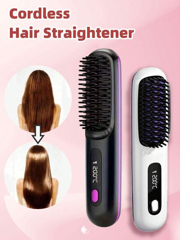 مشط تسريح الشعر اللاسلكي، مكواة شعر صغيرة محمولة مع ضبط درجة الحرارة على 3 مستويات، سخونة سريعة، مُقاوم للحريق، خفيف الوزن، شاشة رقمية، شحن USB، بطارية 2000 ملي أمبير، فرشاة تصفيف الشعر للاستخدام المنزلي والسفر والعطلات