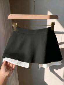 Women's High Waist Pleated Loose Casual Skorts, Color Blocking - Black and White - View 2