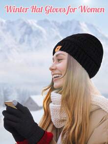 2Pcs Women Winter Beanie Hat Gloves Set 1 Pc Warm Knitted Hats And 1 Pair Touchscreen Gloves Women Lady Cold Winter Gifts Winter Warm