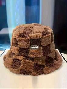 1 Piece/This Chessboard Color Block Plush Bucket-Shaped Bucket Hat Is Suitable For Women To Wear. It Is A Thick, Warm And Windproof, Fashionable And Cute Bucket Bucket Hat For Daily Outdoor Use In Autumn And Winter. Winter Warm