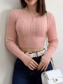 Cropped Long Sleeve Ribbed Modal Knit Women's Blouse Boat Neck Winter Fashion Knit - Light Pink - View 1