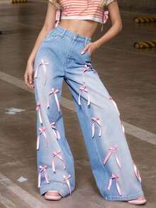Retro Bow Tie High Waist Wide Leg Jeans, Loose Distressed Denim Pants For Women
