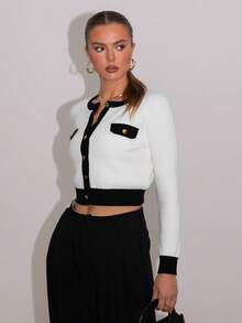 Women's Casual Contrast Color Button Front Cardigan - Black and White - View 4