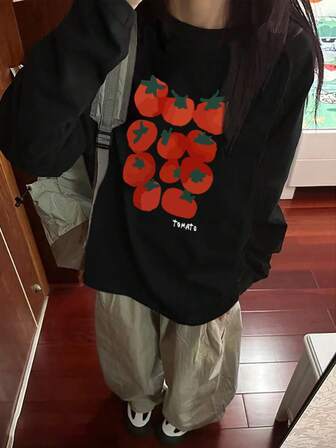 女士宽松卡通印花长袖棉质T恤，百搭春秋两季