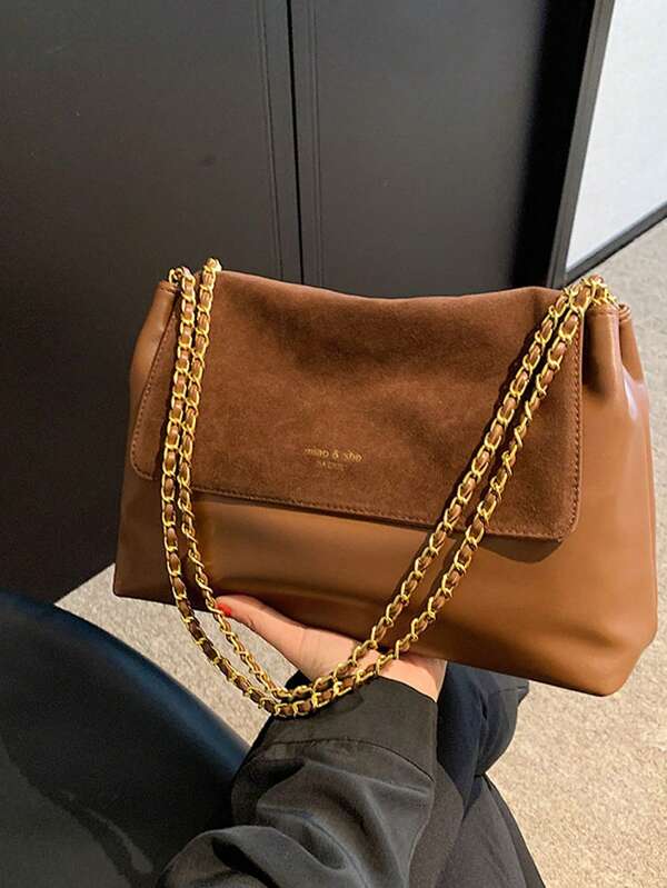 Retro Brown Maillard - Tone Suede & Leather Patchwork Bag Shoulder Bag, Metalowy łańcuszek z klapką, Duża - Uniwersalna torba damska, Elegancka francuska torba do pracy i na co dzień