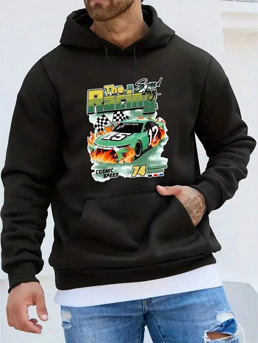 Men'S Casual Hooded Sweatshirt, 100% Polyester Long Sleeve, Winter Knit Fabric With Slight Stretch, Regular Fit, Alphabet Pattern, - Youth Fashion Hoodie For Autumn And Winter,Fall Hoodies,Men's Fall Clothes,Street Wear,Halloween,Mens Hoodies,Y2k Clothes,Jesus Hoodie,Thanksgiving Day,Nightmare Before Christmas,Christmas - Black - View 1