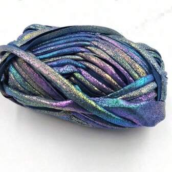 1pc Dazzling Denim Blue DIY Metallic Shiny Fabric Strips, Faux Leather Soft Handmade Weaving Craft Supplies, Iridescent Yarn 3500cm