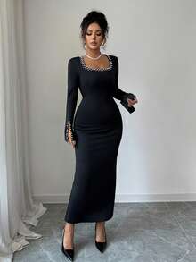 Women's Autumn/Winter New Stylish Pearl Detail Square Neck Long Sleeve Midi Dress, Knitted Fabric Fitted Slimming