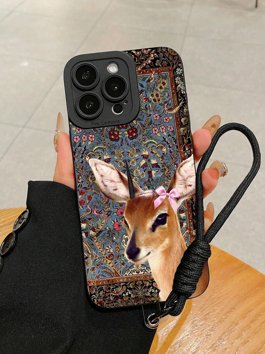 1pc Deer Print Lanyard Phone Case, Vintage Style Black Deer & Floral Pattern Printed Phone Protective Case + 1pc Black Phone Lanyard + 1pc Transparent Phone Pad, Suitable For Those Who Love Animal Elements And Unique Artistic Atmosphere, Suitable For Outdoor Travel And Running To Wear Safely Without Dropping The Phone Case, Fashionable Retro Matte Anti-Fall Full-Edged Protective Camera TPU Soft Phone Case