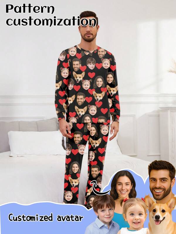 Conjunto de pijama de manga larga personalizado con temas de hombres/mujeres/niños/mascotas/dibujos animados/vacaciones, ropa de estar en casa