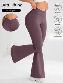 YZMJAFU 女士高腰喇叭裤，交叉弹力腰带设计，休闲百搭修身阔腿裤，弹力面料，凸显曲线，瑜伽/健身紧身打底裤，高腰无痕提臀收腹裤 - 柔软材质 - 紫色 - 查看 10