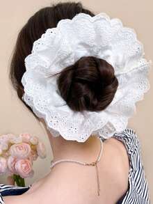 1pc Women's Extra Large 18cm/7.09in Pure Silk Solid Color 4-Layer Lace Pleated Hair Scrunchie, Fashion Versatile High-End Elegant Minimalist Hair Tie, Suitable For Daily Casual, Party, Commute, Vacation, Ponytail, Bun, Face Washing, Makeup, Outfit Accessory