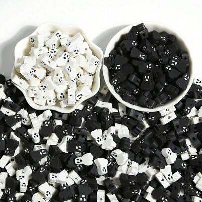 10/50/100pcs Halloween Clay Beads Black And White Ghost Polymer Spacer Beads For Jewelry Making DIY Bracelet Holiday Dress Up Crafts