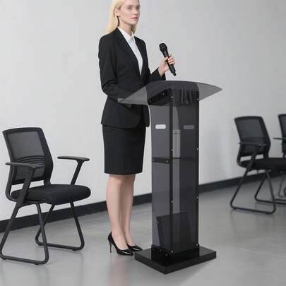 SanBouSi Acrylic Podium Stand Floor Standing Podium Acrylic Podium With Storage Shelf