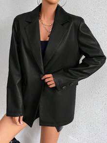 conciso Lässige, oversized Blazer für Damen mit Kerbe-Revers, breiten Schultern, einem Knopf, Pattentaschen und dickem PU-Leder für Herbst, Büro/Arbeit