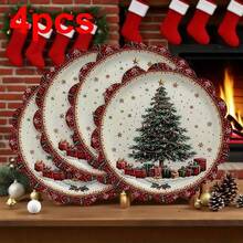 1/4 piezas Manteles individuales redondos de lino, con estampado de árbol de Navidad, copos de nieve, regalos, adecuados para decoración de cocina y comedor