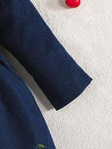 女婴休闲可爱樱桃刺绣蝴蝶结领长袖连衣裙，秋冬款 - 寶藍色 - 查看 6