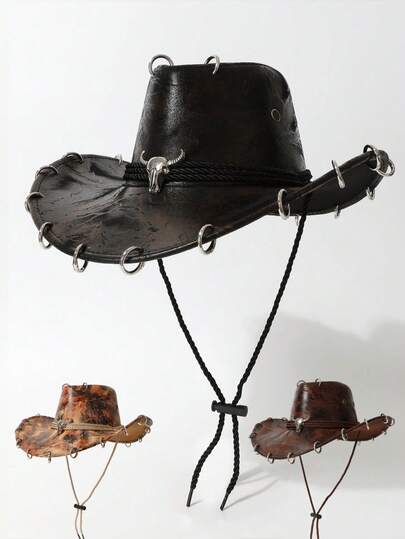 1pc Unisex Western Cowboy Hat, PU Material, Distressed Finish, Rivet Embellished Decoration, Suitable For Cowboy Themed Events, Festivals, Birthdays, Cosplay, Outdoor Activities, Daily Wear
