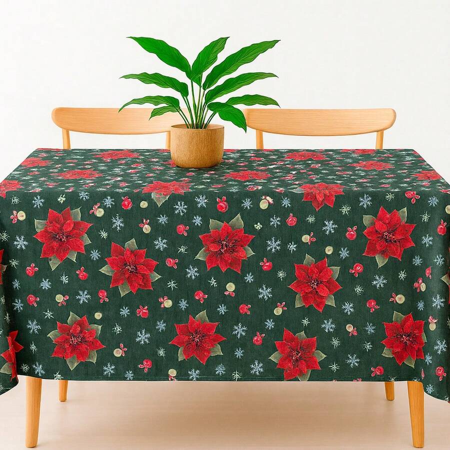 Oxford Printed Hemmed Tablecloth For 4, 6, Or 8 Rectangular Kitchen Dining Chairs - Green Christmas - View 1