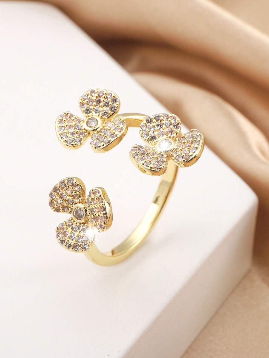 1pc Fashionable Three Little Flowers Zirconia Open Ring For Women's Daily Wear