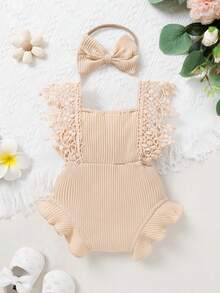 2pcs Set Casual Elegant Sweet Cute Baby Girl Romper, Soft Breathable, Solid Color Hollow Lace Tassel Trim Dress Bodysuit And Headband Set