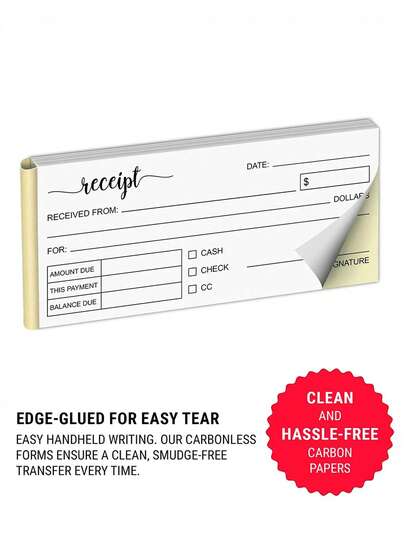 50-Set Receipt Book - 2.75*6 Inches, 2-Part Carbonless Copy Paper, White/Yellow, Ideal For Small Business, Retail, Crafts, Restaurants, And Home Use