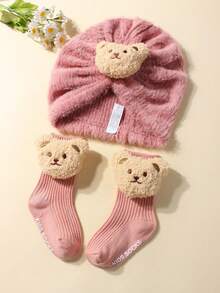 1pc Cute Bear Plush Baby Hat + 1 Pair Cute Anti-Slip Bear Leg Warmers Set, Suitable For Everyday Use - Multicolor - View 12