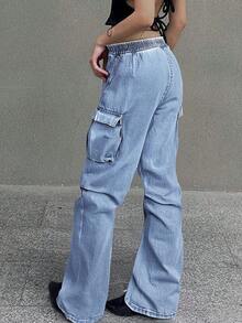 Women's Drawstring Waist Cargo Jeans - Straight Leg Denim Pants With Utility Pockets, Streetwear Comfortable Jogger Pants For Women Urban Fashion ﻿