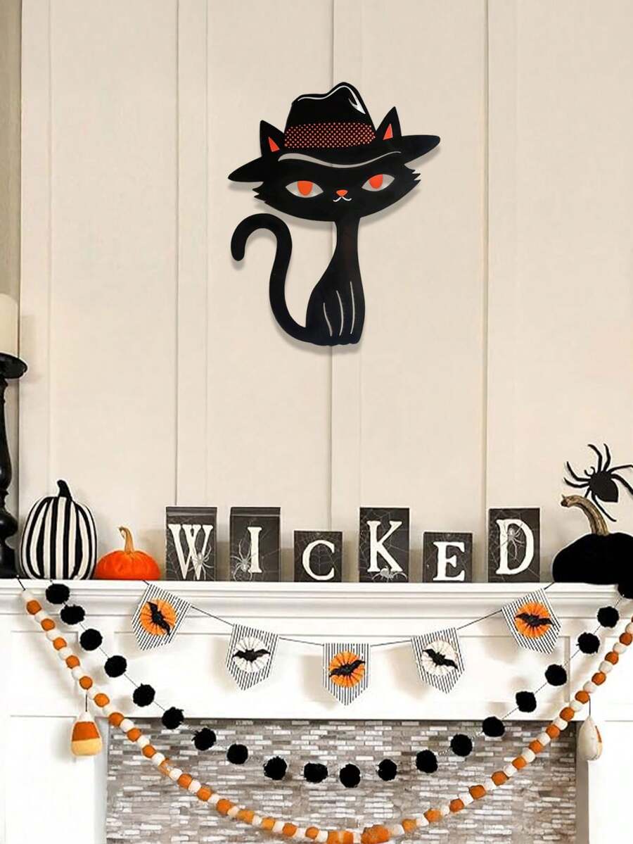Gato negro y naranja creativo, artesanía de metal, decoración para jardín, patio, balcón, ambiente de fiesta, decoración linda, se puede colgar en paredes, árboles, regalo ideal para fiestas y cumpleaños