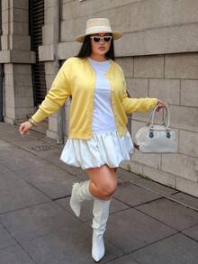 Plus Size Fall And Winter Plus Size Fashion Casual Holiday Elegant Cream Yellow Small Round Neck Design Long Sleeve Cardigan Sweater Women's Brunch Outfits For Women Fall Women Clothes Sweater