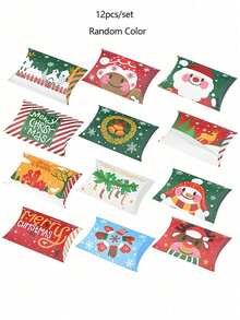 12pcs Christmas Pillow Gift Boxes With Santa, Snowman & Elk Prints For Candy, Small Presents, Holiday Party Favors, Stocking Stuffers, Table Decor, Secret Santa Exchange, Office Gift Wrapping, Winter Wedding, Birthday, And Home Decor