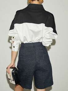 Women's Elegant And Fashionable Blouse, Color Block Long Sleeve Shirt With Button Cuffs, Suitable For Daily And Work Wear, Spring/Summer - Black and White - View 2