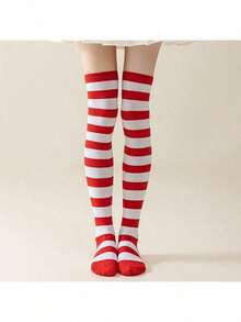 1 Pair Christmas Over-The-Knee High Socks,Women Striped Christmas Costume Over-The-Knee Socks, Green & White Striped Thigh High Warm Stockings For Winter,A Variety Of Colors, Stylish Photo Props,Gifts For Friends, Christmas Party Decorations Home Decor Christmas Decorations Room Decor