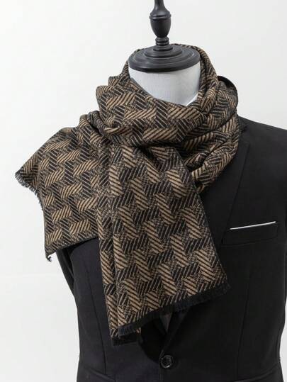 1 件男士新款时尚商务休闲几何条纹流苏围巾，温暖百搭，适合秋冬外套